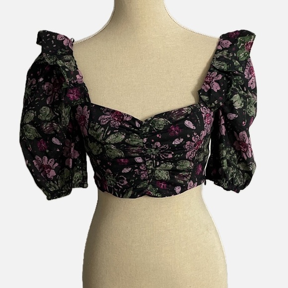 Zara Bustier Top Cropped Floral Smocked Back Puff Sleeve Size Small NWOT - Picture 2 of 10